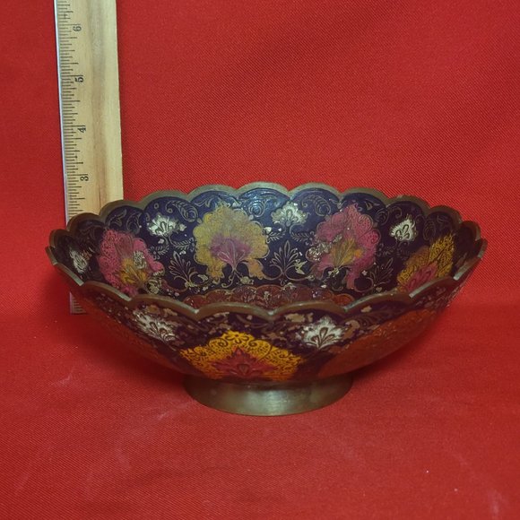 Vintage Solid Brass Enameled Footed Hand Painted Peacock Trinket Dish - Picture 10 of 11